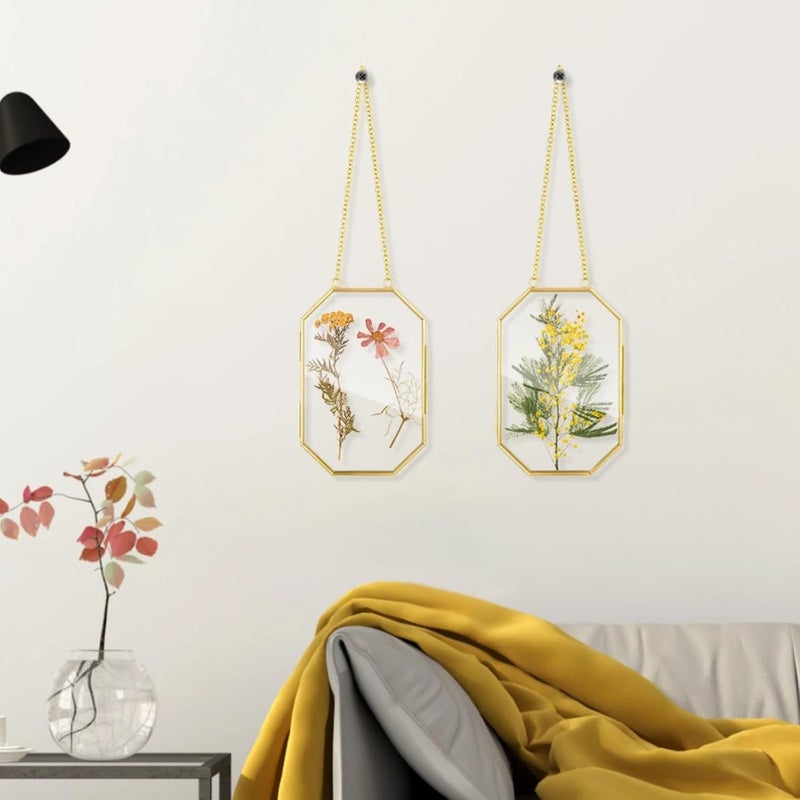 2-Piece Gold Metal Floating Glass Frames, Octagonal Photo Holders with Hanging Chain, for Pressed Flowers and Botanical Displays - Image 2