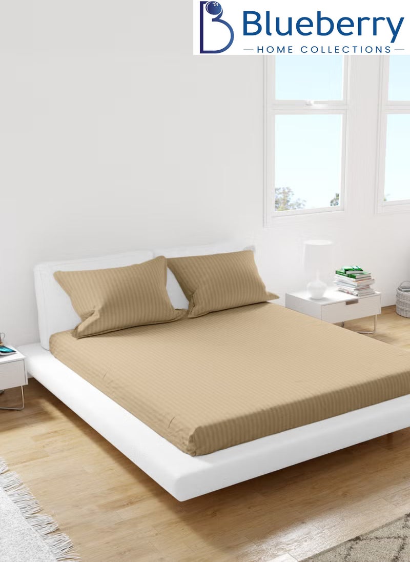 Blueberry Striped Double Fitted Sheet Sets Beige Color Cotton 3 Piece Set Deep Pocket 150x200+20cm - Image 1