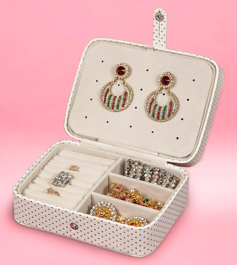 Luces PU Leather Travel Makeup Jewellery Storage Box Cosmetic Organizer Display Jhumka Ring Earrings Necklace Jewellery Case for Woman and Girls Gifts (Cream) - Image 1