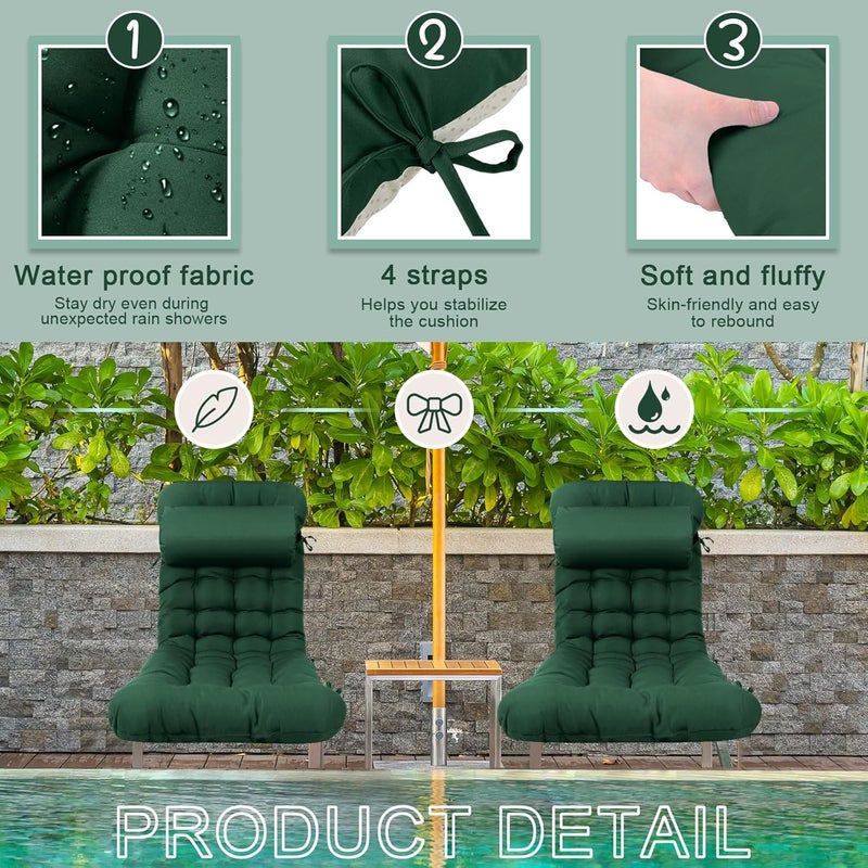 Tudomro 2 Pcs Dark Green 66'' Outdoor Chaise Lounge Cushion Waterproof Patio Lawn Pool Chaise Lounge Cushion with Headrest Pillow & Ties Weather Fade Resistant Replacement Longue Chair Pad - Image 4