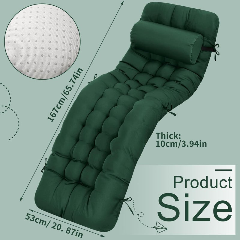 Tudomro 2 Pcs Dark Green 66'' Outdoor Chaise Lounge Cushion Waterproof Patio Lawn Pool Chaise Lounge Cushion with Headrest Pillow & Ties Weather Fade Resistant Replacement Longue Chair Pad - Image 2