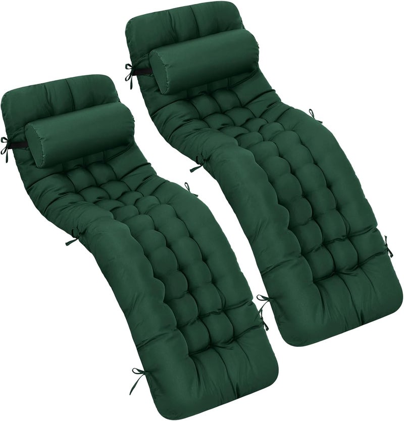 Tudomro 2 Pcs Dark Green 66'' Outdoor Chaise Lounge Cushion Waterproof Patio Lawn Pool Chaise Lounge Cushion with Headrest Pillow & Ties Weather Fade Resistant Replacement Longue Chair Pad - Image 1