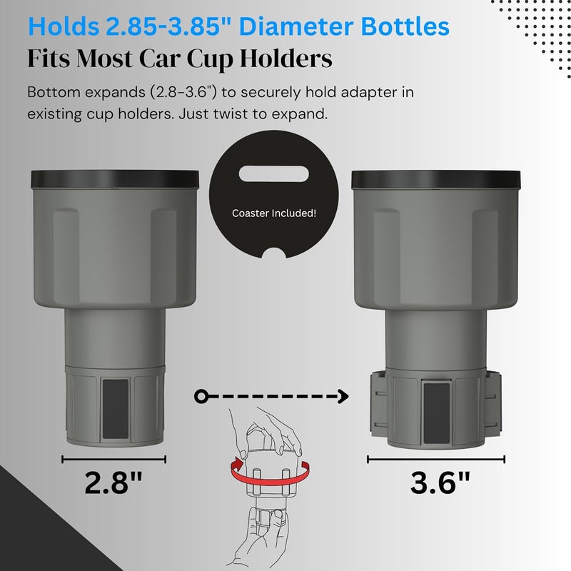Swigzy موسع حامل الكوب للسيارة من (قابل للتعديل) - يحمل زجاجات Hydro Flask و Yeti و Nalgene والزجاجات الكبيرة 32/40 أونصة والمشروبات الكبيرة - باللون الرمادي - Image 4