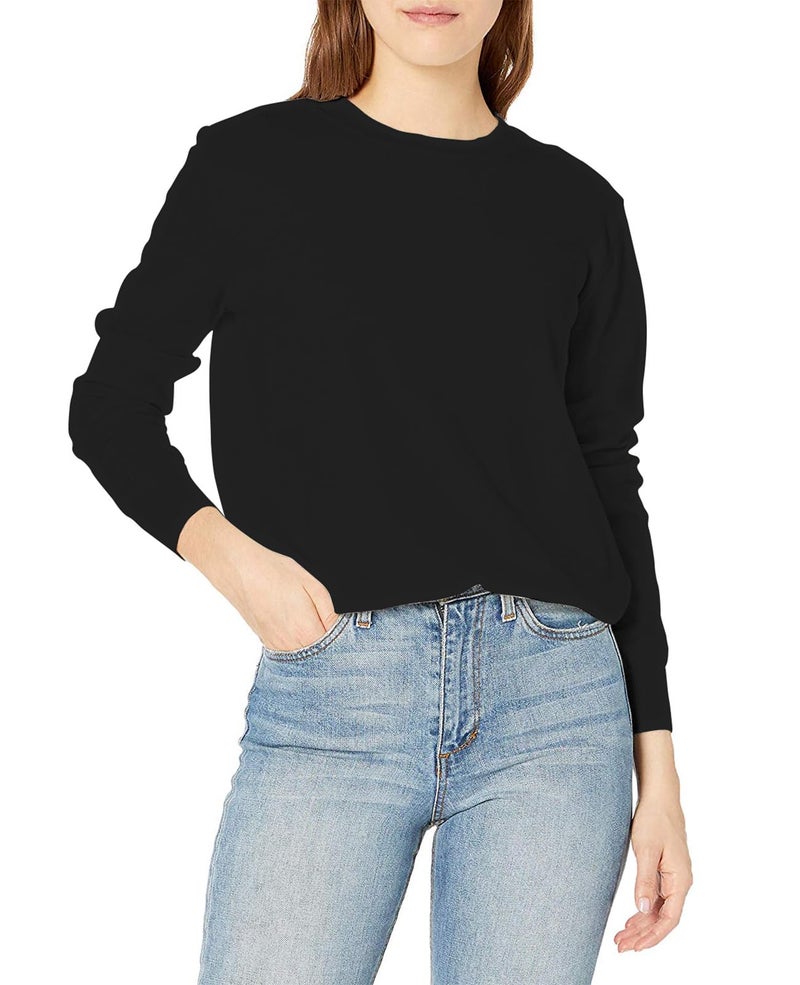 QUALFORT Black Sweaters for Women, Crewneck Long Sleeve Knitwear Black Small - Image 1