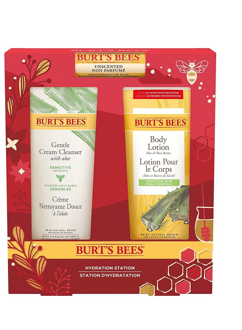 Burt's Bees 3 Body Care Stocking Stuffer Products, Hydration Station Set - Unscented Lip Balm, Gentle Cream Cleanser & Aloe Shea Butter Body Lotion Gift Pack - Image 1