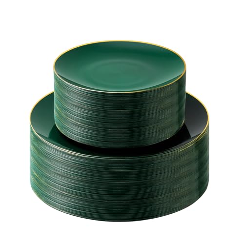 Bestluck 100PCS Green Gold Plastic Plates Green Disposable Plates for Party Wedding Include 50 Dinner Plates 50 Dessert Plates for 50 Guests - Image 2