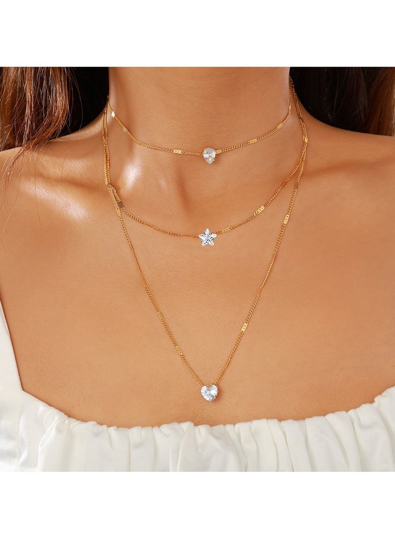 Huitich Gold Color Tone 3-Layer Necklace with Drop, Star, and Heart Charms for Women  - Image 5