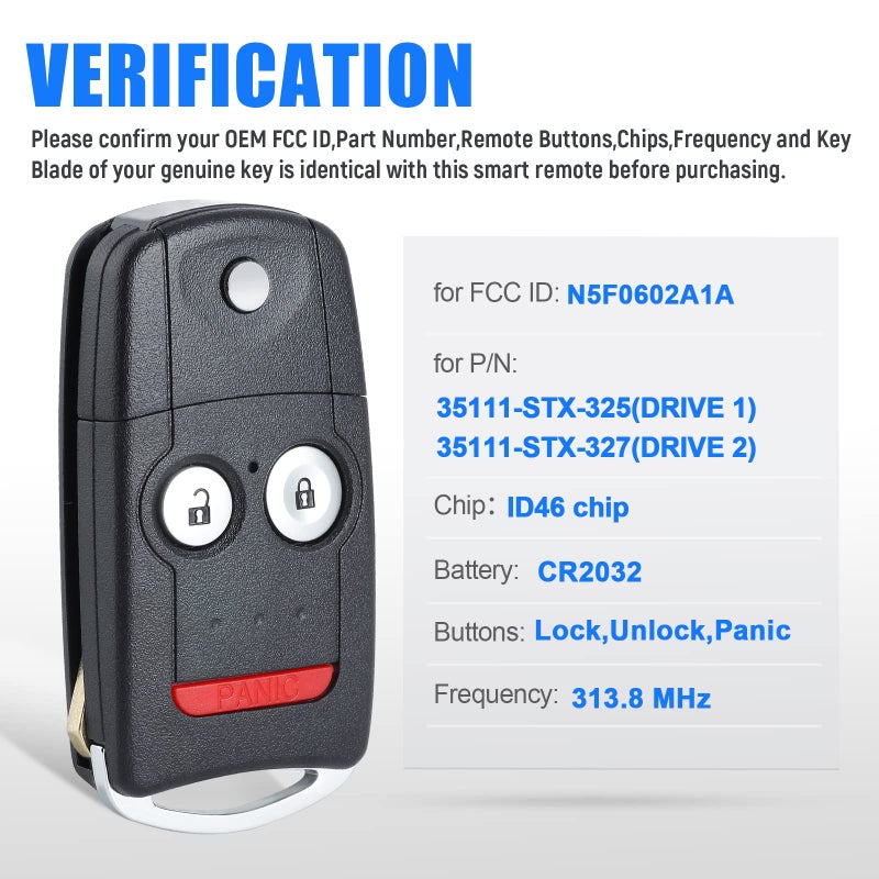 Keymall Car Key Fob Keyless Entry Remote Replacement for Acura MDX/RDX 2007 2008 2009 2010 2011 2012 2013 FCC ID:N5F0602A1A P/N:35111-STX-325/327 3 Buttons - Image 3