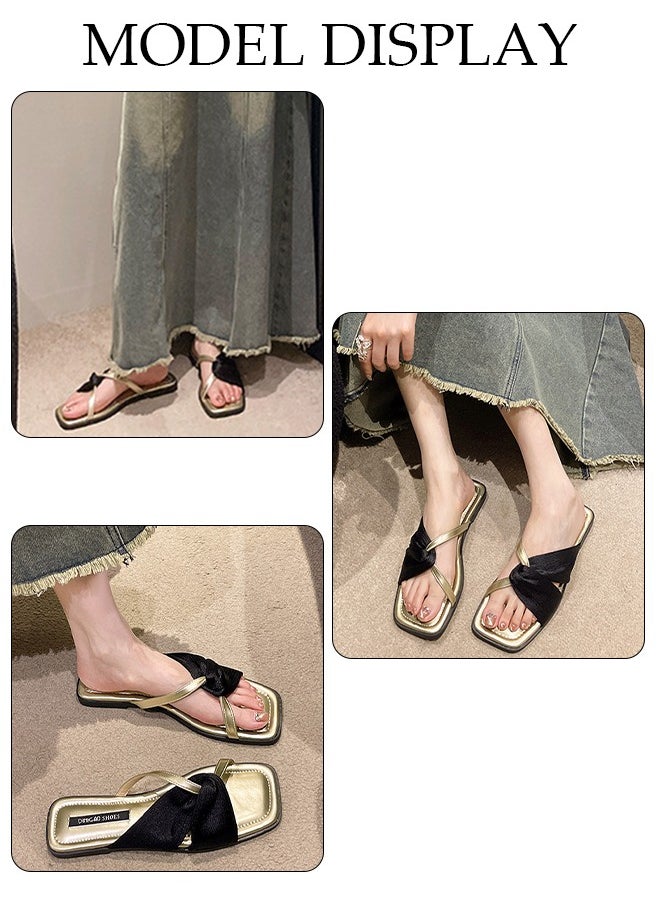 DUNISO Women's Slip On Flat Sandals Square Open Toe Slide Sandals Comfortable Women Slippers Nonslip Backless Beach Slip for Indoor and Outdoor  - Image 2