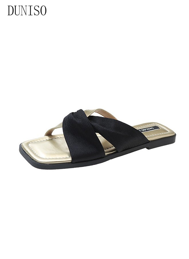 DUNISO - Women's Slip On Flat Sandals Square Open Toe Slide Sandals Comfortable Women Slippers Nonslip Backless Beach Slip for Indoor and Outdoor - Image 1