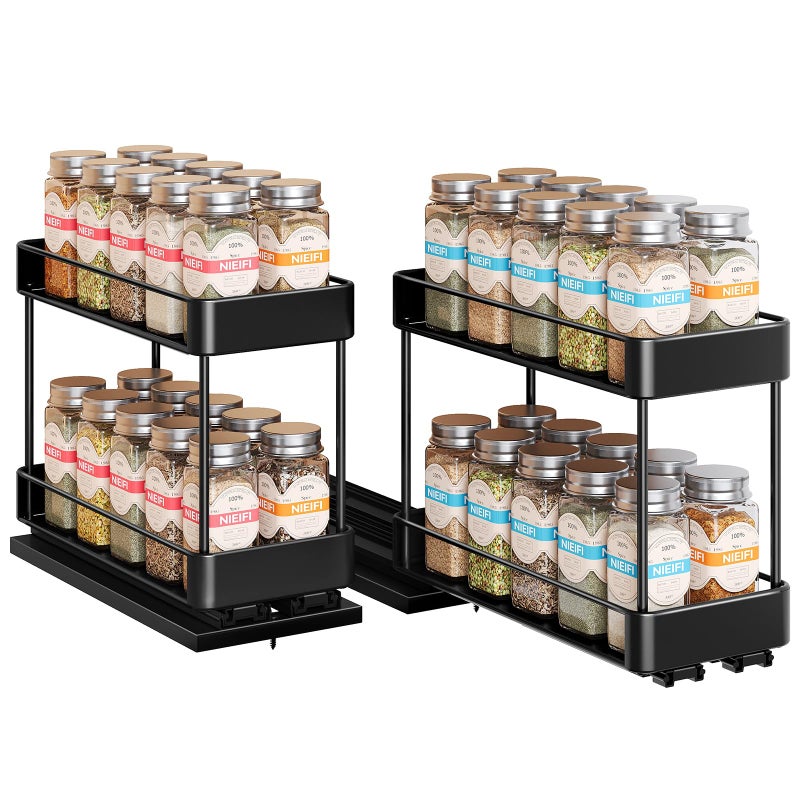 Nieifi Spice Rack Organizer for Cabinet, Vertical Spice Rack Pull Out, Easy to Install, Metal, 4.1''Wx10.35''Dx8.4''H, 2 Pack, 2 Tiers(Black) - Image 1