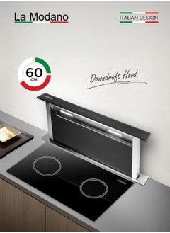 Made in Italy 60cm Built-in Downdraft Range Hood, Black Tempered Glass, 3-Speed Sensor With Touch Control, Aluminum and Carbon Filters, LED Lights, 750m³/h Airflow, One year Manufacture Warranty - LMDH60B