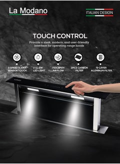 La Modano Made in Italy 60cm Built-in Downdraft Range Hood, Black Tempered Glass, 3-Speed Sensor With Touch Control, Aluminum and Carbon Filters, LED Lights, 750m³/h Airflow, One year Manufacture Warranty - LMDH60B  - Image 5