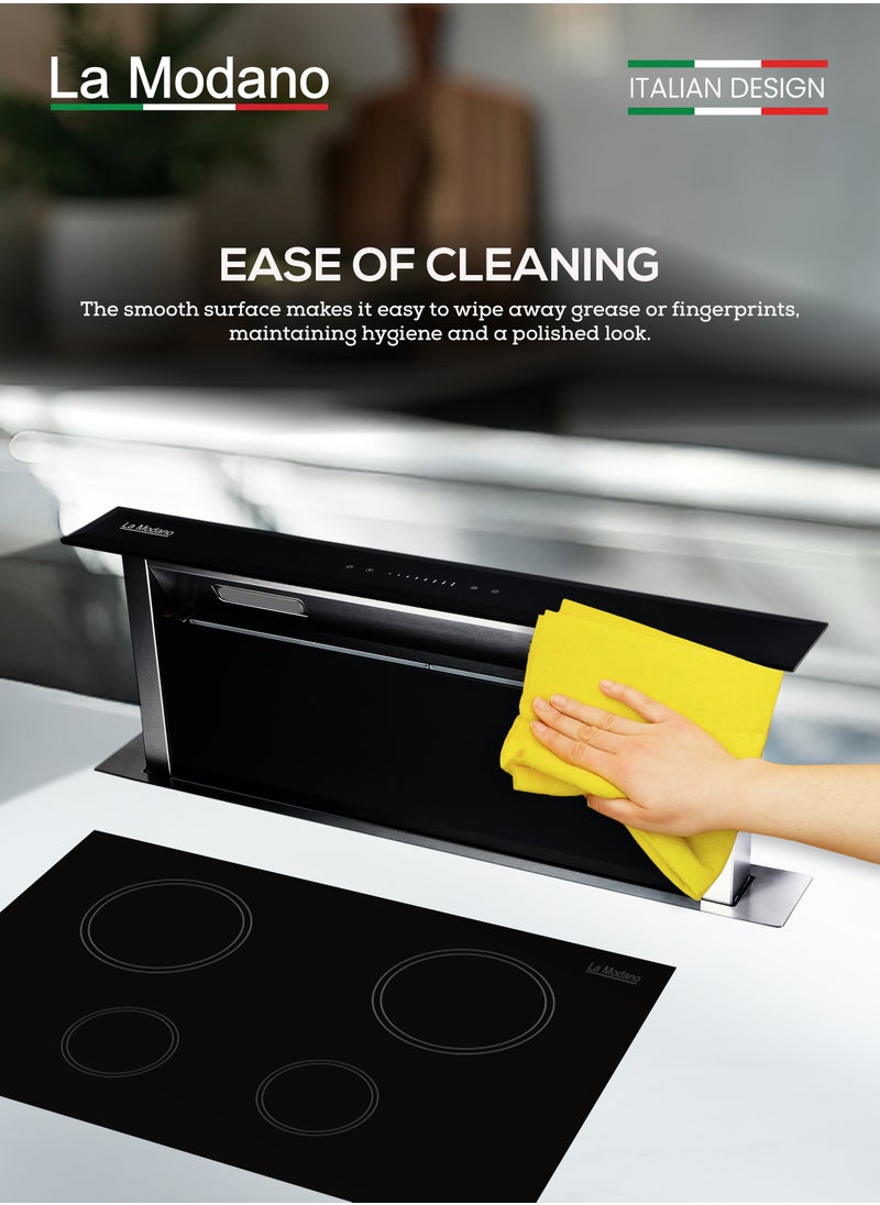La Modano - Made in Italy 60cm Built-in Downdraft Range Hood, Black Tempered Glass, 3-Speed Sensor With Touch Control, Aluminum and Carbon Filters, LED Lights, 750m³/h Airflow, One year Manufacture Warranty - LMDH60B - Image 1