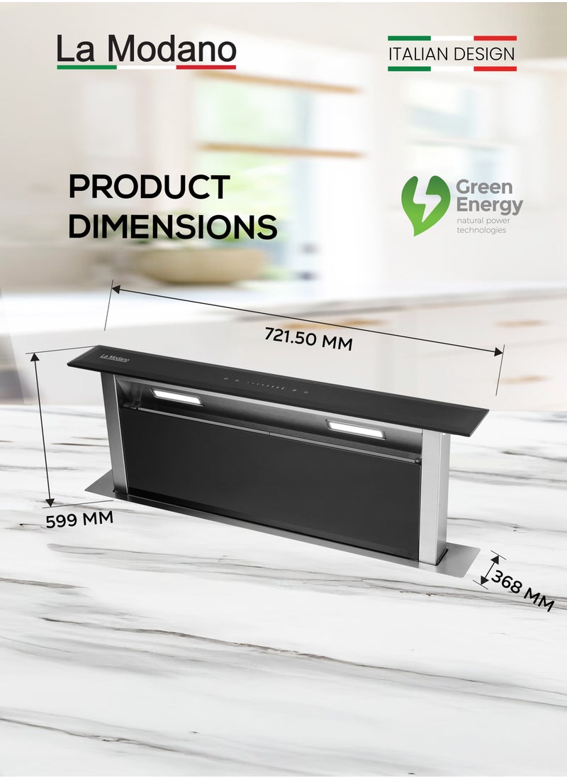 La Modano - Made in Italy 60cm Built-in Downdraft Range Hood, Black Tempered Glass, 3-Speed Sensor With Touch Control, Aluminum and Carbon Filters, LED Lights, 750m³/h Airflow, One year Manufacture Warranty - LMDH60B - Image 1
