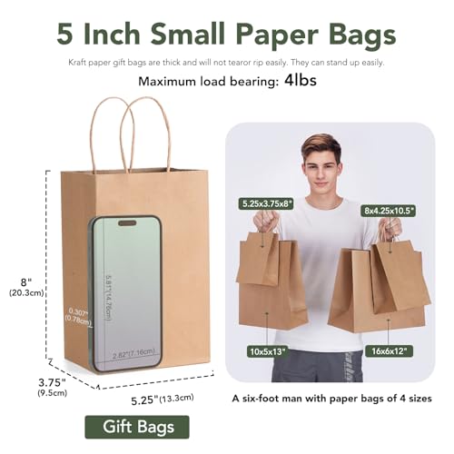 GSSUSA 100 Pack Paper Gift Bags 5.25x3.75x8 Inch Small Brown Paper Bags with Handles Bulk, Brown Kraft Bag for Small Business, Sturdy Grocery Retail Shopping Birthday Party Favor Craft Bag （Made in USA） - Image 2