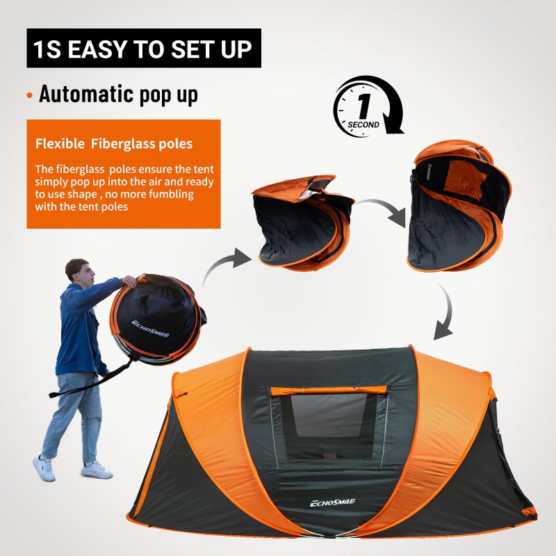 EchoSmile Instant Pop Up Camping Tent, 6 Person Easy Setup Tent, Water Resistant Dome, Portable with Carry Bag,Black & Orange, - Image 3