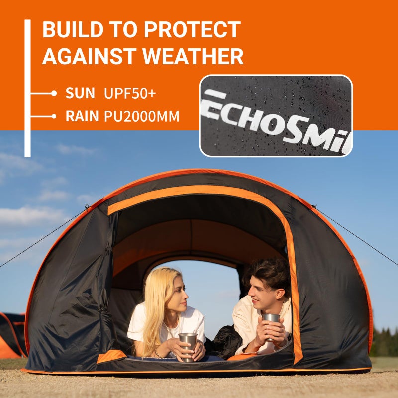 EchoSmile Instant Pop Up Camping Tent, 6 Person Easy Setup Tent, Water Resistant Dome, Portable with Carry Bag,Black & Orange, - Image 4