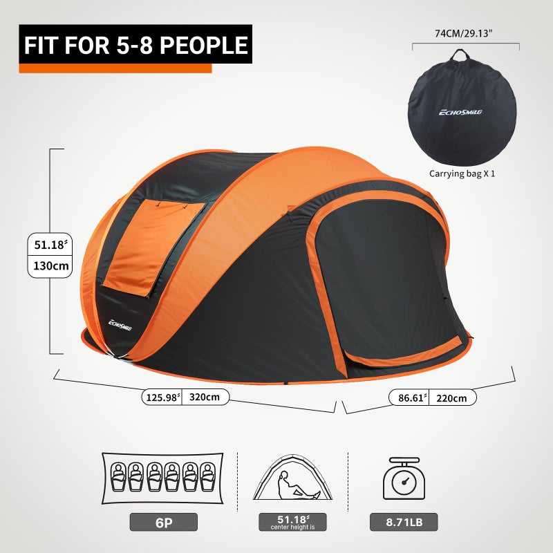 EchoSmile Instant Pop Up Camping Tent, 6 Person Easy Setup Tent, Water Resistant Dome, Portable with Carry Bag,Black & Orange, - Image 2