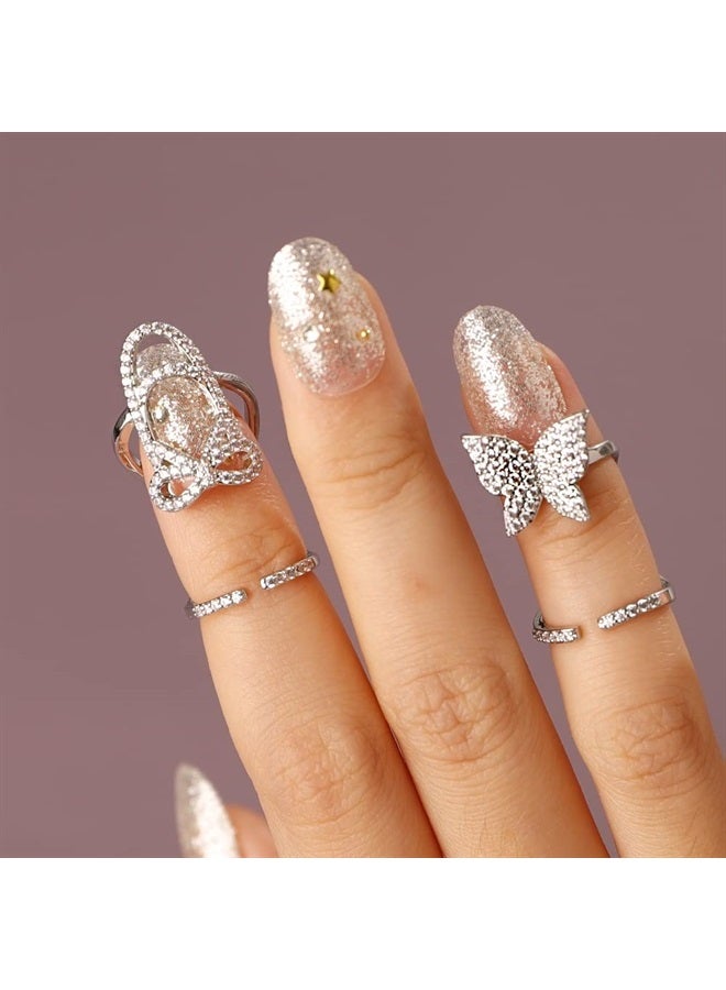 Rumtock Rhinestones Silver Bow Finger Tip Knuckle Nail Ring Fingernail Opening Ring Women Girls Manicure Jewelry 