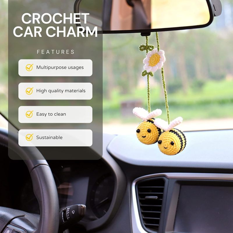Cute Crochet Bee Car Charm: Yellow Handmade Hanging Decor - Soft Wool Non-Damaging Design for Car Rear View Mirror Interior Decoration & Bee Lovers - Image 3
