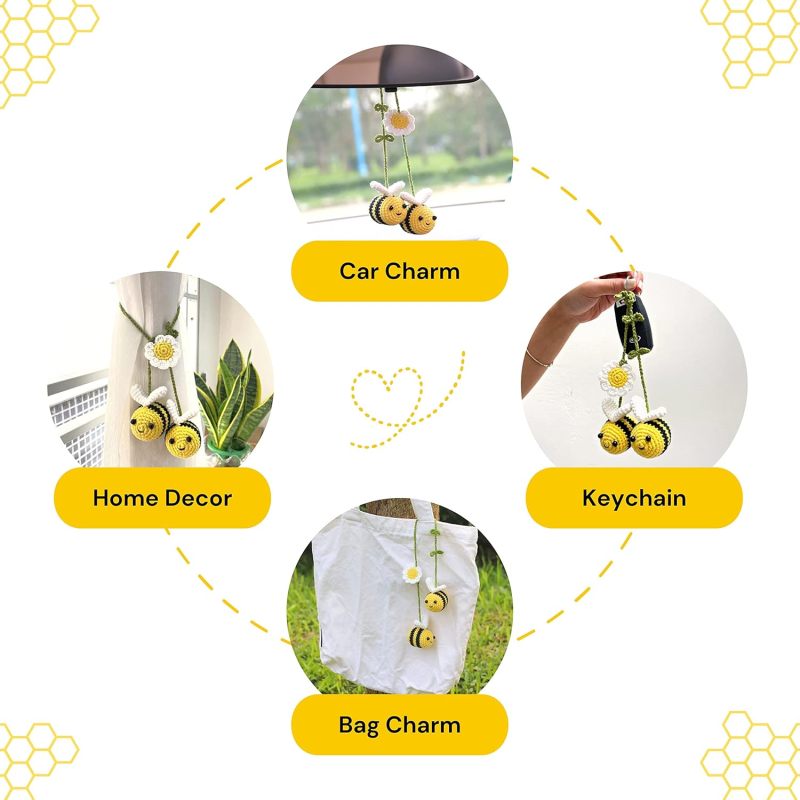 Cute Crochet Bee Car Charm: Yellow Handmade Hanging Decor - Soft Wool Non-Damaging Design for Car Rear View Mirror Interior Decoration & Bee Lovers - Image 4