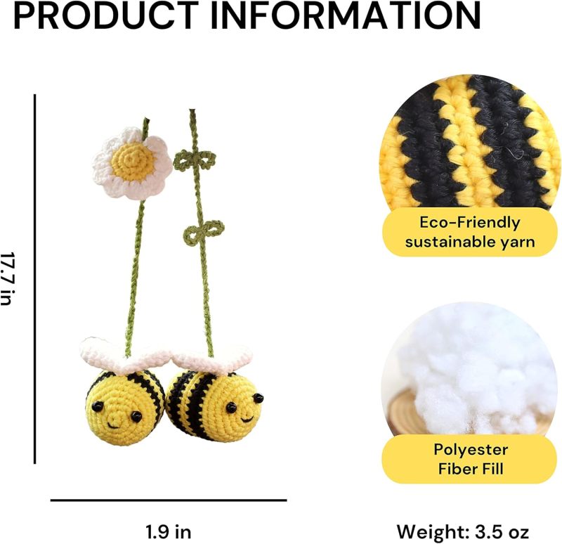 Cute Crochet Bee Car Charm: Yellow Handmade Hanging Decor - Soft Wool Non-Damaging Design for Car Rear View Mirror Interior Decoration & Bee Lovers - Image 2