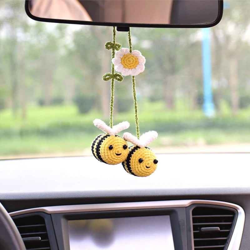 Cute Crochet Bee Car Charm: Yellow Handmade Hanging Decor - Soft Wool Non-Damaging Design for Car Rear View Mirror Interior Decoration & Bee Lovers - Image 1