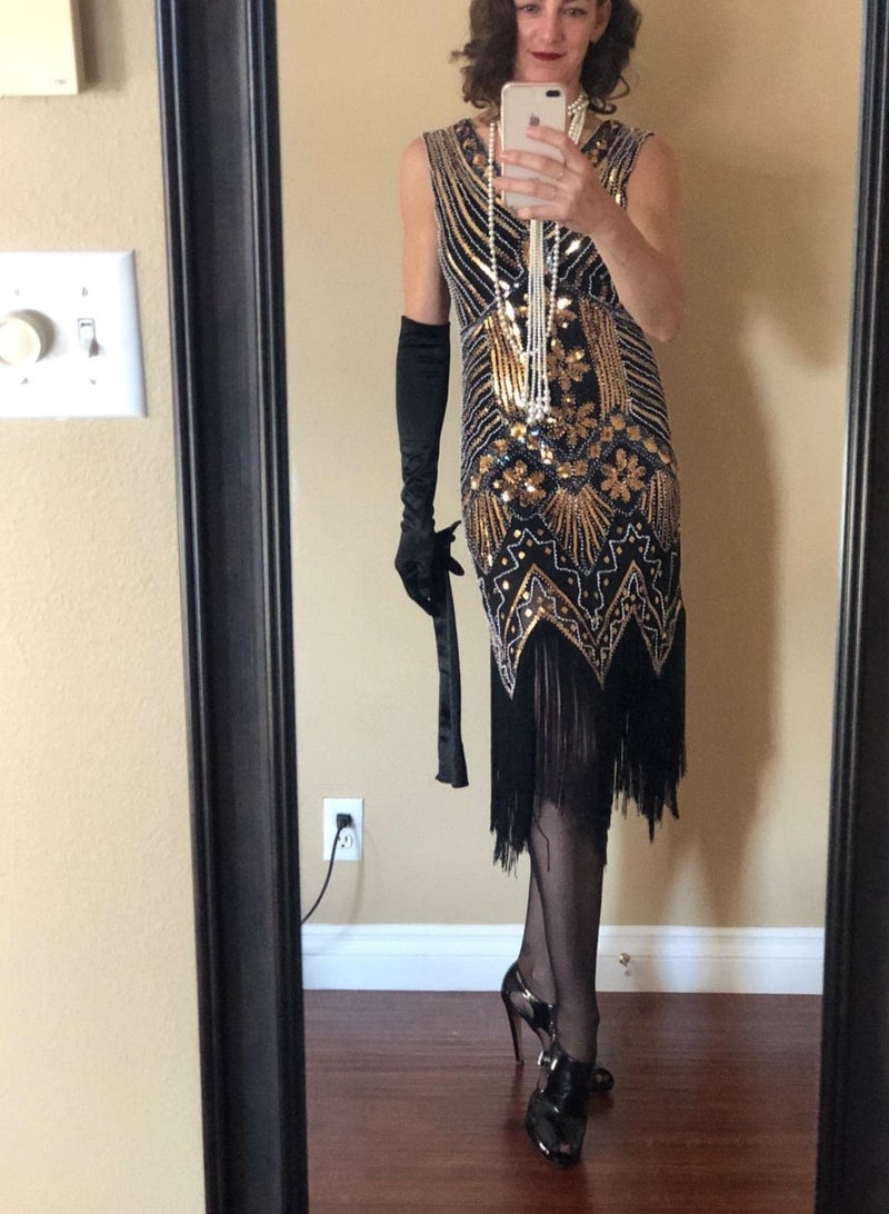 Excefore Women's Flapper Dress 1920s V Neck Beaded Fringed Gatsby Theme Roaring 20s for Prom, Black Gold, M - Image 2