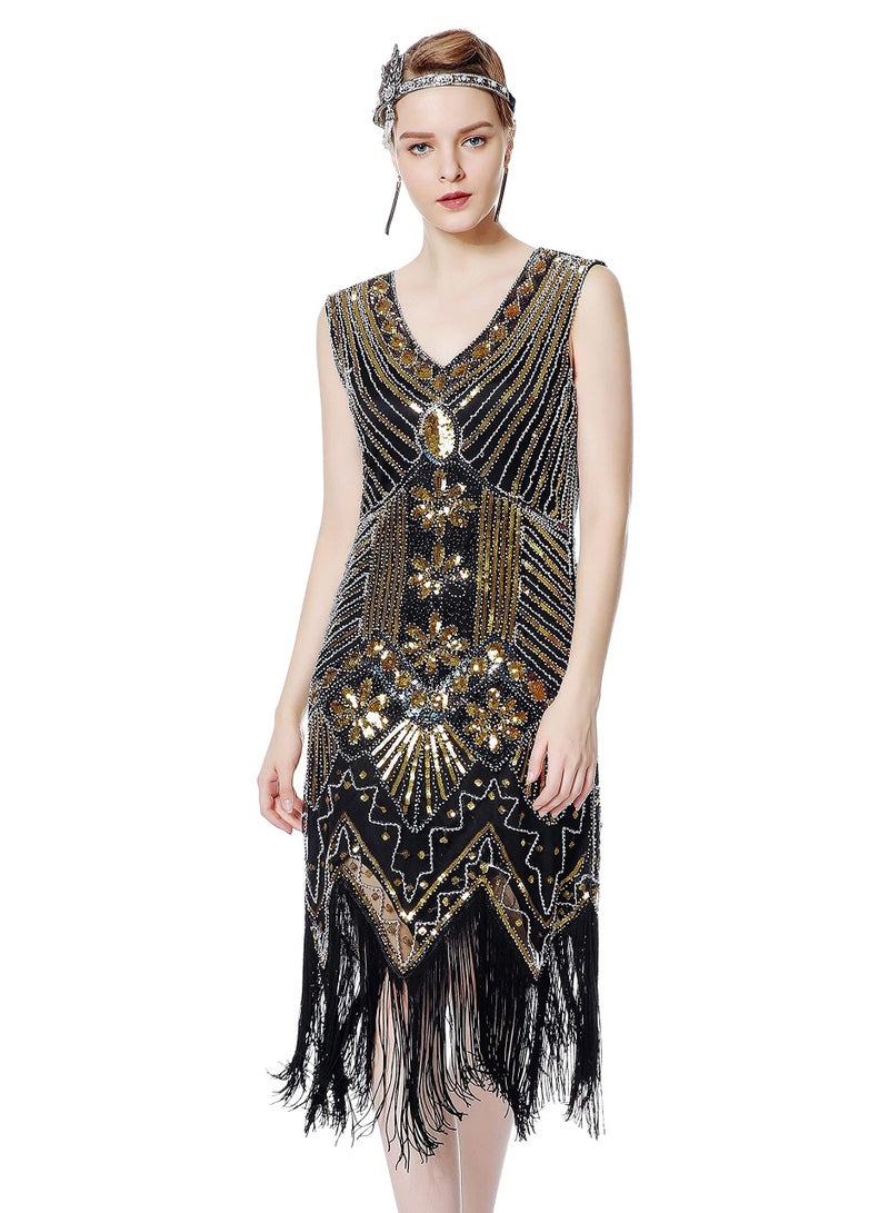 Excefore Women's Flapper Dress 1920s V Neck Beaded Fringed Gatsby Theme Roaring 20s for Prom, Black Gold, M - Image 1