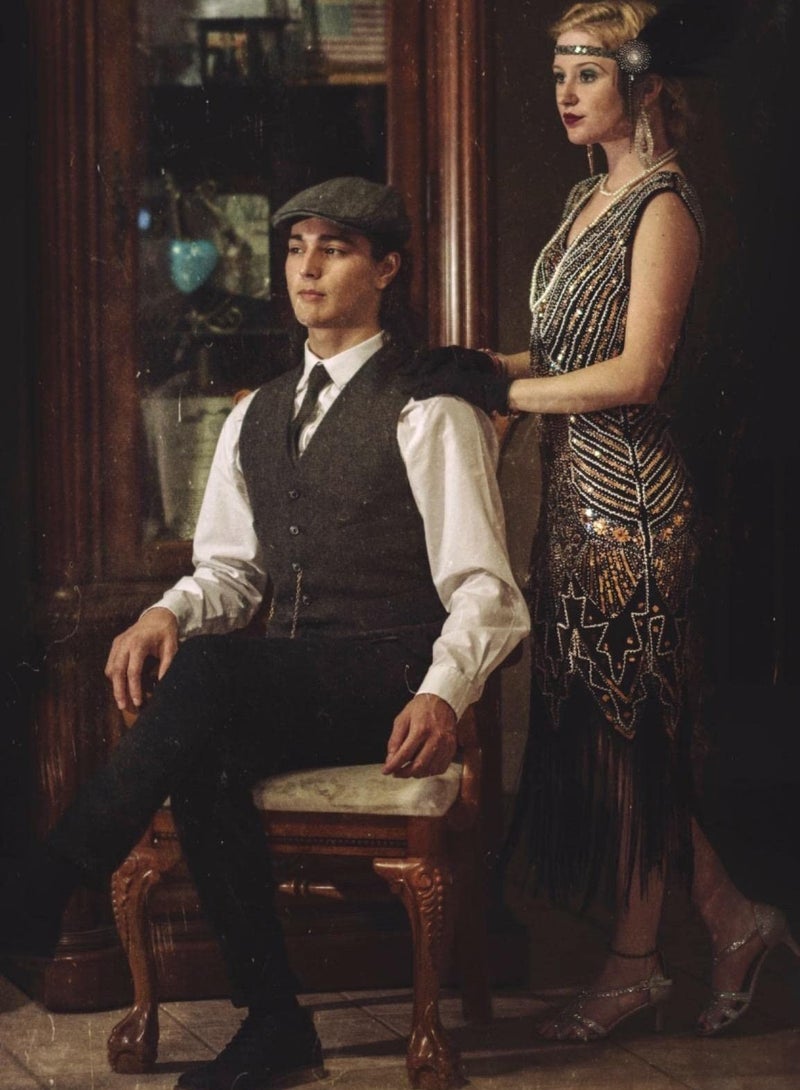 Excefore Women's Flapper Dress 1920s V Neck Beaded Fringed Gatsby Theme Roaring 20s for Prom, Black Gold, M - Image 4