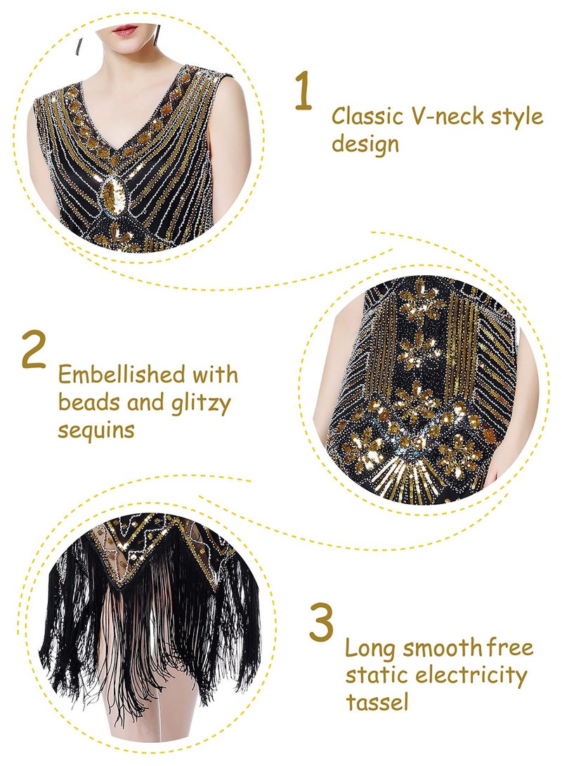 Excefore Women's Flapper Dress 1920s V Neck Beaded Fringed Gatsby Theme Roaring 20s for Prom, Black Gold, M - Image 5