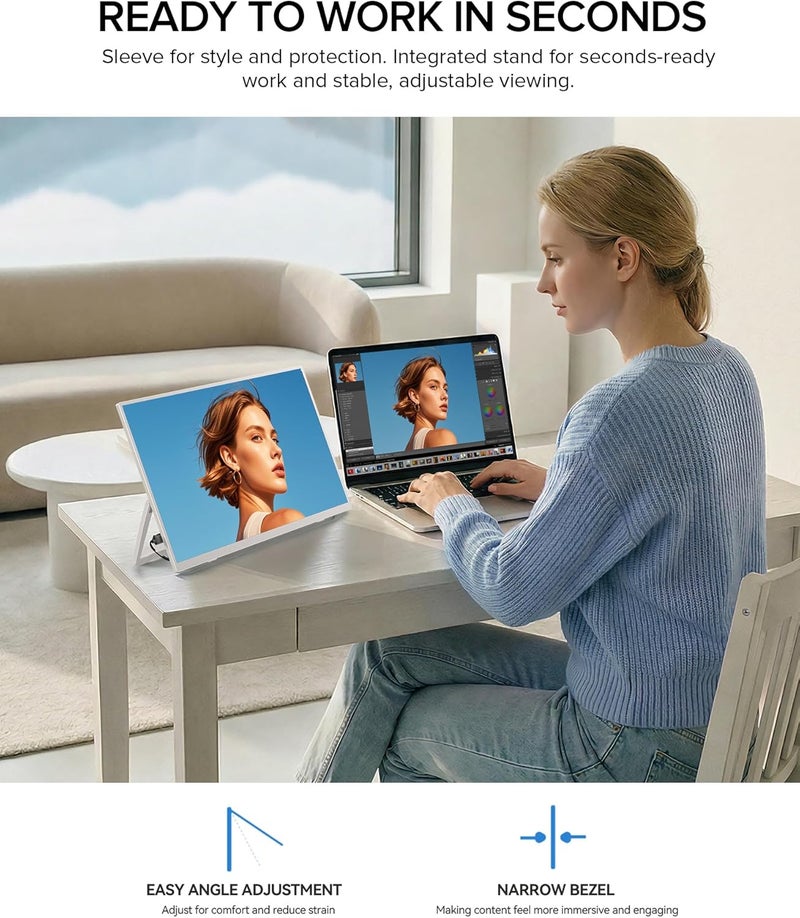 أوبيرفكت شاشة المحمولة مقاس 15.6 بوصة، بدقة 1080P ومساحة لونية 125% sRGB، شاشة كمبيوتر محمول بيضاء فائقة النحافة، بتوصيل USB-C وMINI HDMI، وسطوع 350 شمعة، مع فتحة VESA وحقيبة، شاشة سفر ثانوية صغيرة للكمبيوتر والكمبيوتر الصغير وأجهزة الألعاب. - Image 4