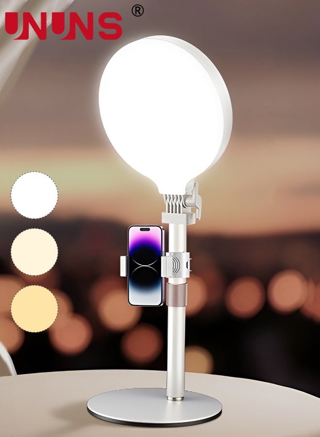 UNUNS LED Video Light,Full-Screen 16CM Light with Adjustable Stand and Phone Holder,Three Color Selfie Ring Light,Desk Ring Light for Meeting Video Photography Live Streaming YouTube TikTok(White) - Image 1