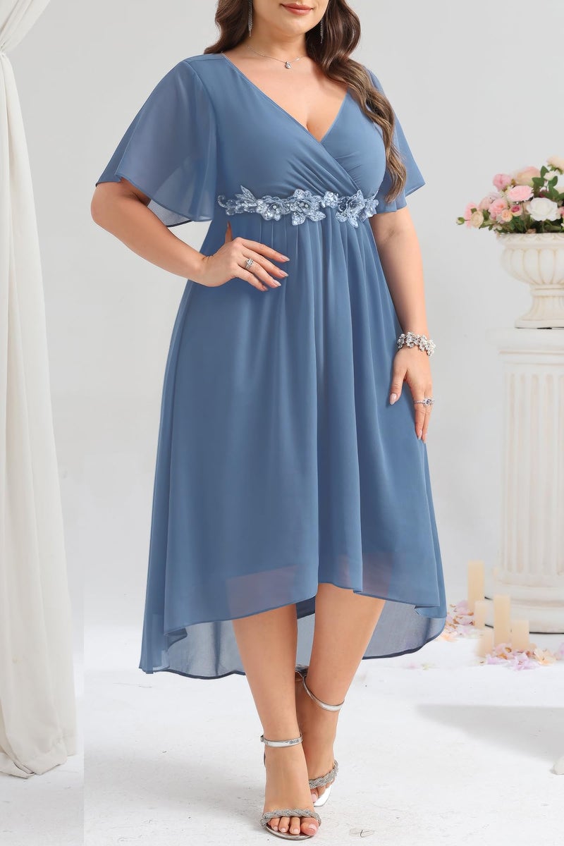 Talisea Dusty Blue Dress Wedding Guest Dresses Plus Size Formal Mother of Bride Bridesmaid Chiffon V Neck Sleeve High Low Women - Image 3