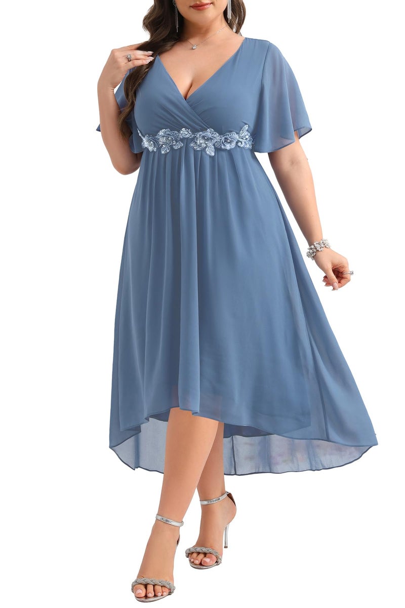 Talisea Dusty Blue Dress Wedding Guest Dresses Plus Size Formal Mother of Bride Bridesmaid Chiffon V Neck Sleeve High Low Women - Image 1