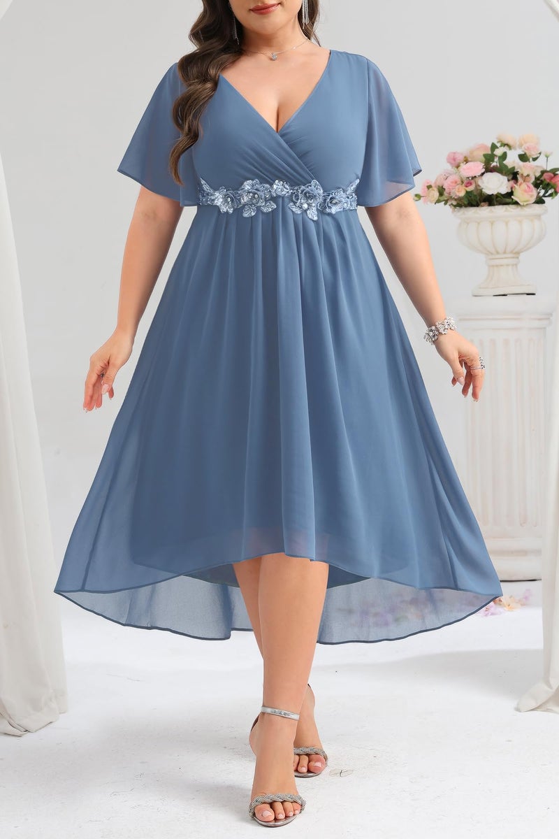 Talisea Dusty Blue Dress Wedding Guest Dresses Plus Size Formal Mother of Bride Bridesmaid Chiffon V Neck Sleeve High Low Women - Image 4