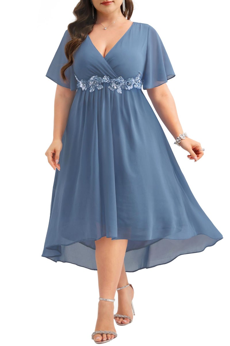 Talisea Dusty Blue Dress Wedding Guest Dresses Plus Size Formal Mother of Bride Bridesmaid Chiffon V Neck Sleeve High Low Women - Image 2