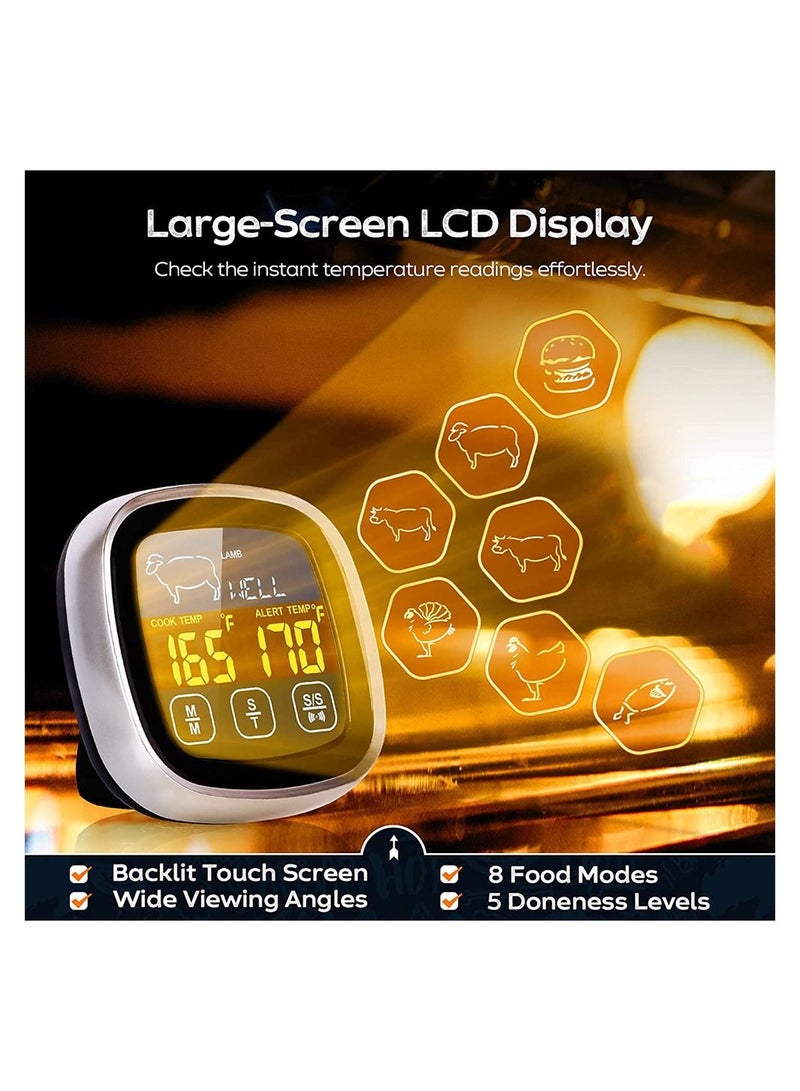 إكسفور ميزان حرارة رقمي للحوم للطبخ مع شاشة لمس LCD شاشة كبيرة للقراءة الفورية ميزان حرارة للطعام مع إضاءة خلفية طويلة مسبار مؤقت للمطبخ ومقياس حرارة للطبخ للشواء بالفرن - Image 3