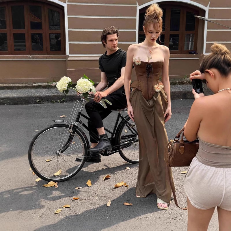 Women's Vintage Coffee Brown Strapless Spliced Backless Long Dress - Image 3