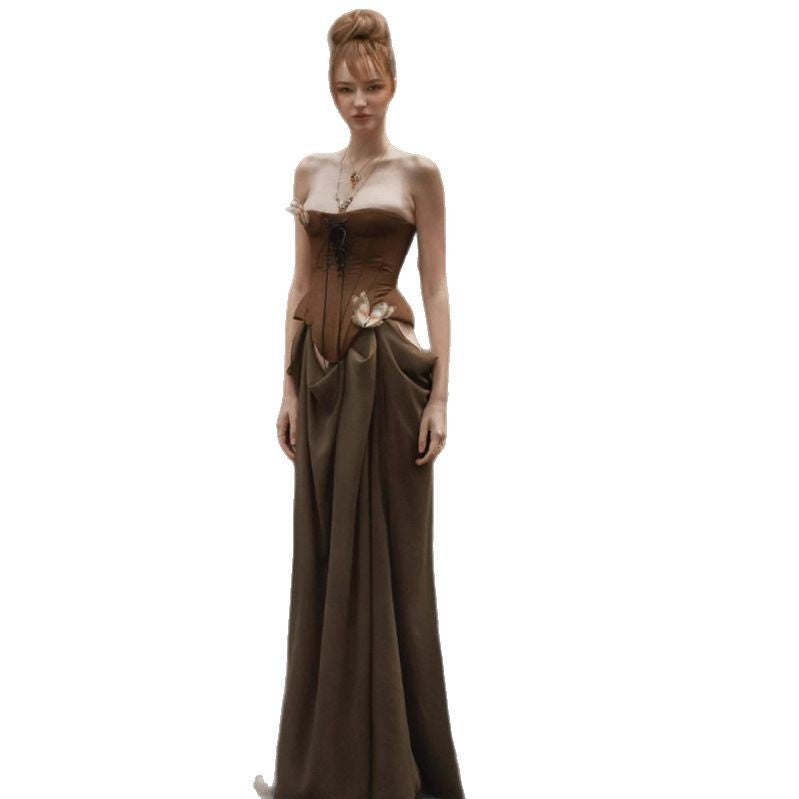 Women's Vintage Coffee Brown Strapless Spliced Backless Long Dress - Image 1