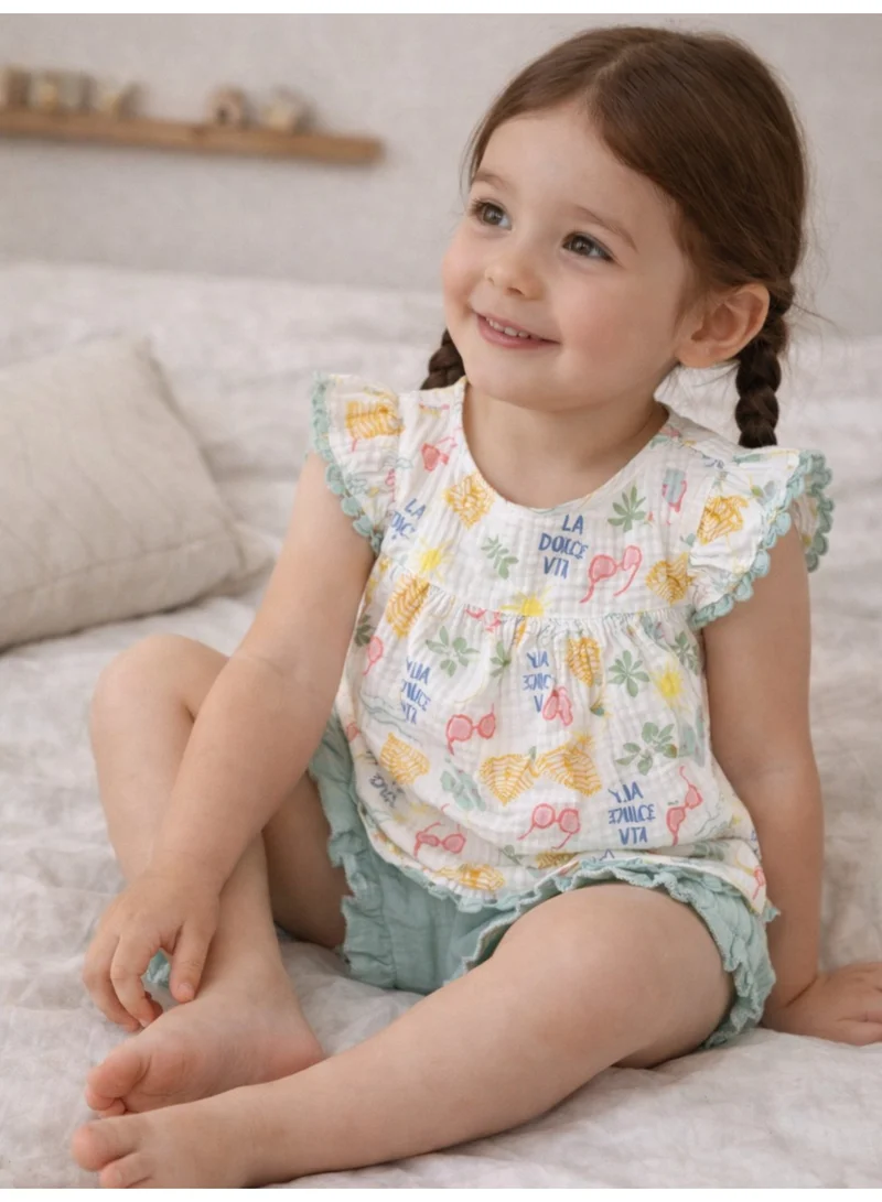 Victor And Jane  Baby Girls Printed Flutter Sleeve Top & Ruffle Shorts Set with sunglasses for Women | Best Price UAE