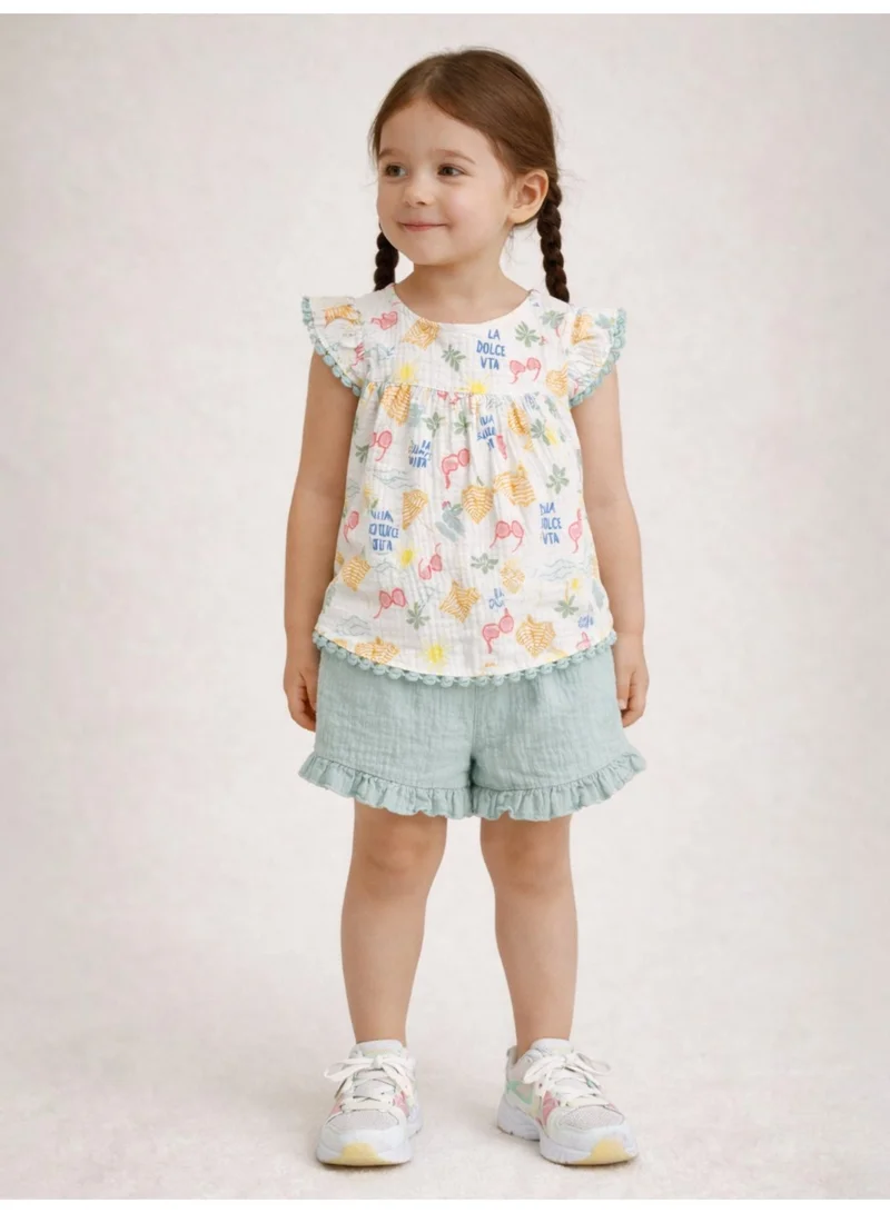 Victor And Jane  Baby Girls Printed Flutter Sleeve Top & Ruffle Shorts Set with sunglasses for Women | Best Price UAE