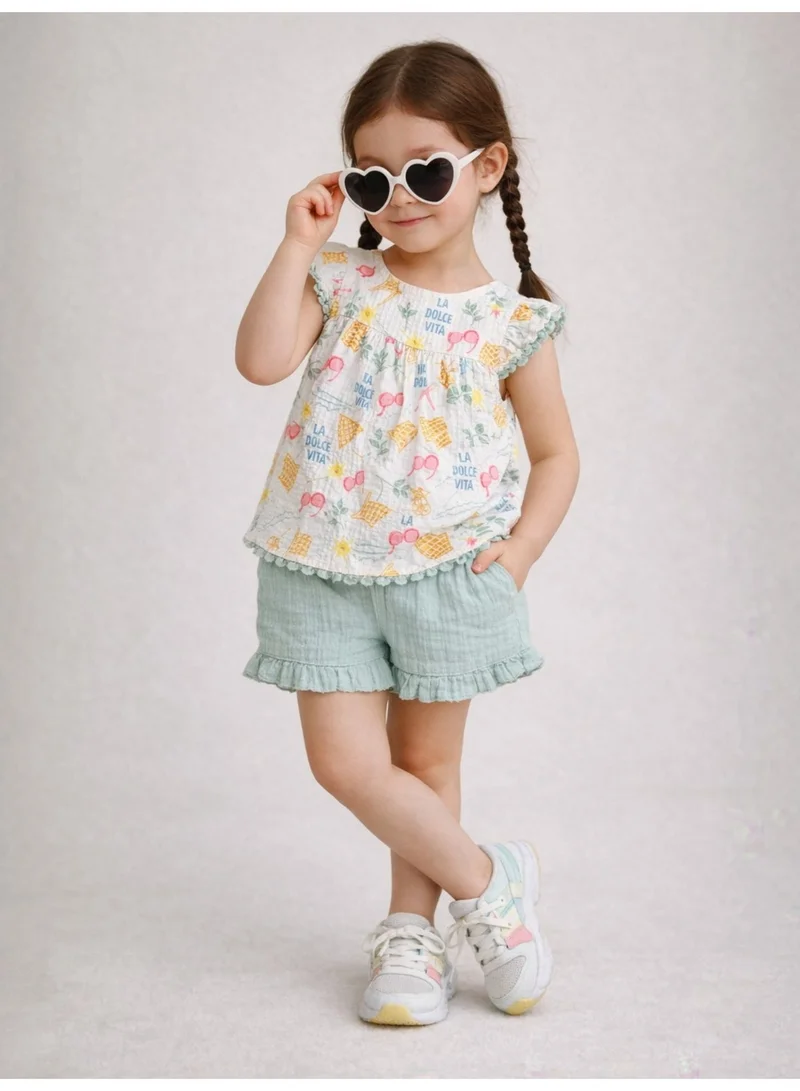 فكتور اند جين Baby Girls Printed Flutter Sleeve Top & Ruffle Shorts Set with sunglasses