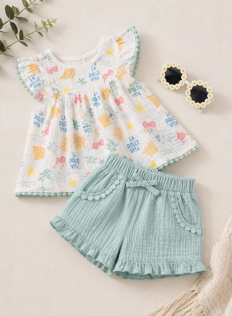 Victor And Jane  Baby Girls Printed Flutter Sleeve Top & Ruffle Shorts Set with sunglasses for Women | Best Price UAE