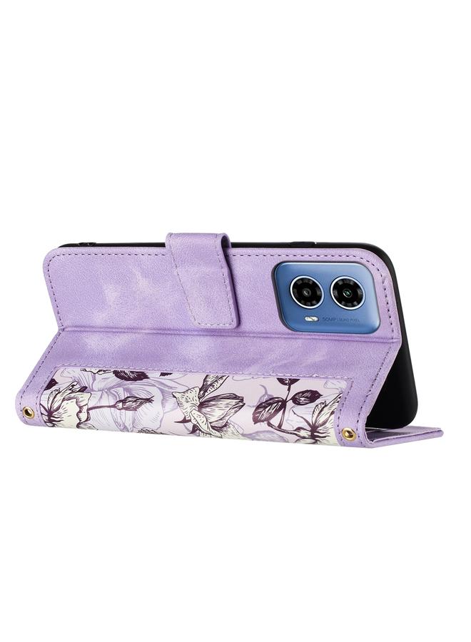 إيروريكس جراب لهاتف Motorola Moto G34 مصنوع من الجلد بنمط زهور مع حبل تعليق - Image 4