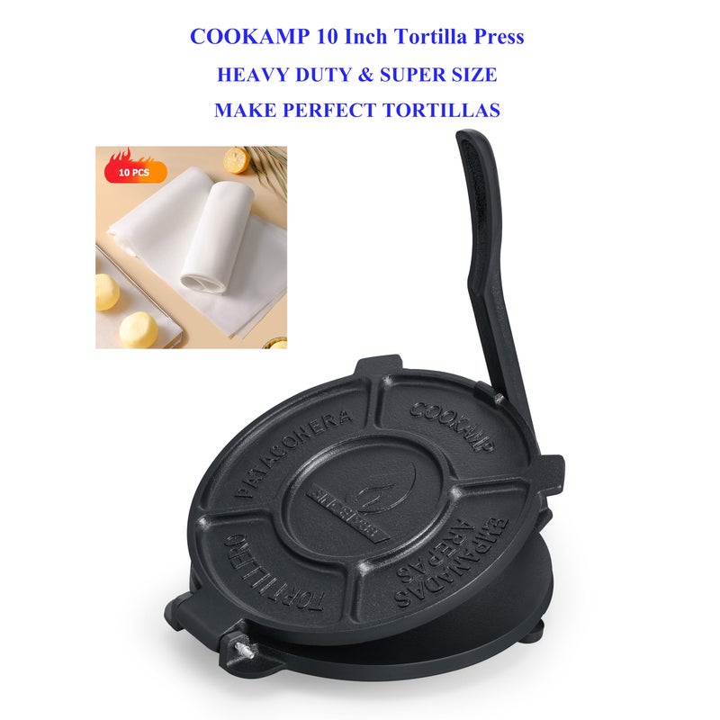 COOKAMP Cast Iron 10 Inch Tortilla Press,Tortilla Maker,Heavy Duty Tortillera Pataconera,Flour Tortilla Press(SA105) (10 INCH) - Image 2