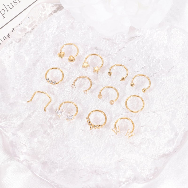 REVOLIA 12Pcs 16G Surgical Steel Septum Rings for Women Men Horseshoe Septum Rings Hoop CZ Heart Star Butterfly Cartilage Helix Tragus Daith Earrings Piercing Jewelry Gold - Image 2