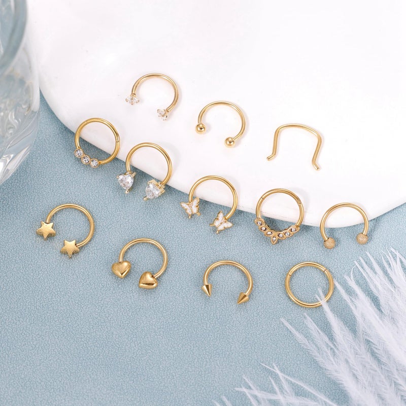 REVOLIA 12Pcs 16G Surgical Steel Septum Rings for Women Men Horseshoe Septum Rings Hoop CZ Heart Star Butterfly Cartilage Helix Tragus Daith Earrings Piercing Jewelry Gold - Image 3