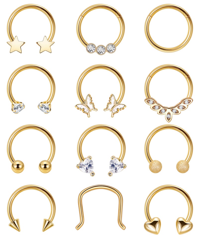 REVOLIA 12Pcs 16G Surgical Steel Septum Rings for Women Men Horseshoe Septum Rings Hoop CZ Heart Star Butterfly Cartilage Helix Tragus Daith Earrings Piercing Jewelry Gold - Image 1